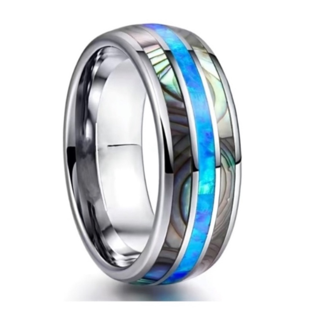 Stainless Steel Blue Opal Style & Abalone Shell Inlay Ring